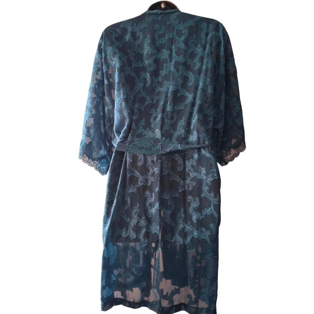 Fredericks of Hollywood Teal Sheer Mesh Lace Trim Robe Damask Scroll Vintage L‎ - Picture 9 of 12